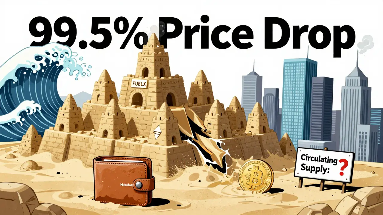 A collapsing supply graph shows FUELX's 99.5% price drop while Bitcoin and Ethereum towers loom nearby.