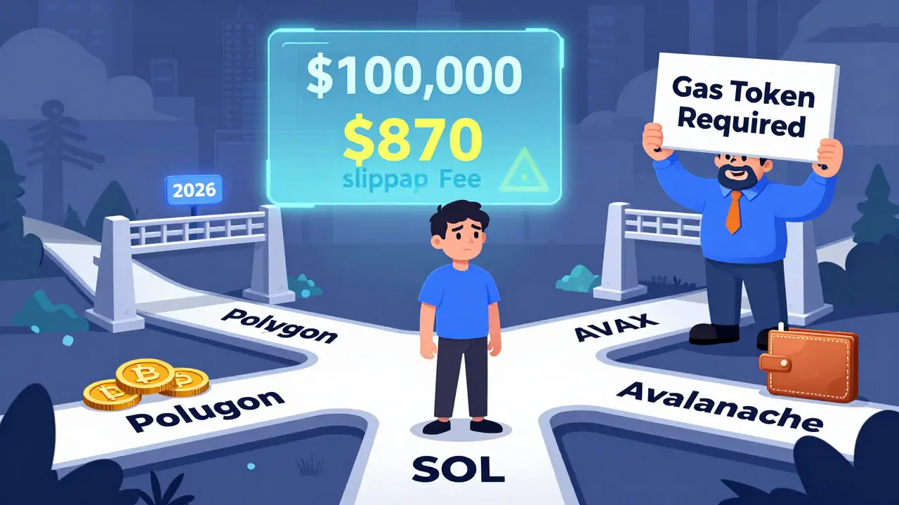 A confused crypto user faces three tollgates demanding different gas tokens, with an empty wallet and a warning sign about slippage fees in the background.