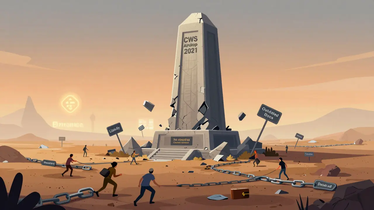 A crumbling CWS monument in a digital wasteland, with tiny figures blocked by broken links and dead-end signs.