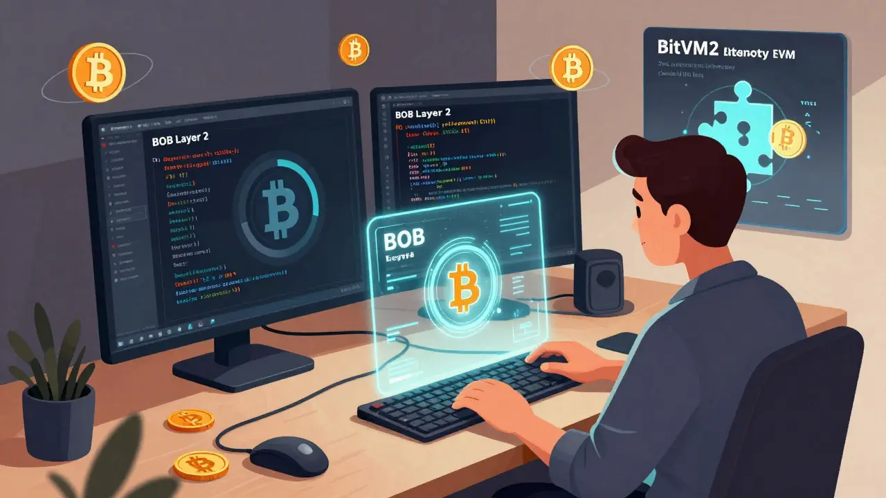A developer uses MetaMask to interact with BOB's Layer 2, showing Bitcoin proofs and Ethereum code on holograms.