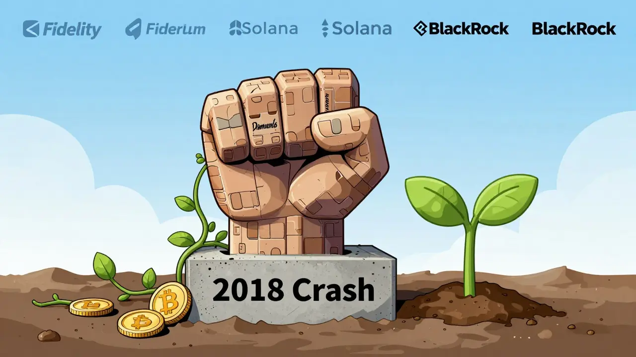 A fist made of Bitcoin bricks standing strong through crashed altcoins, with one growing sapling.