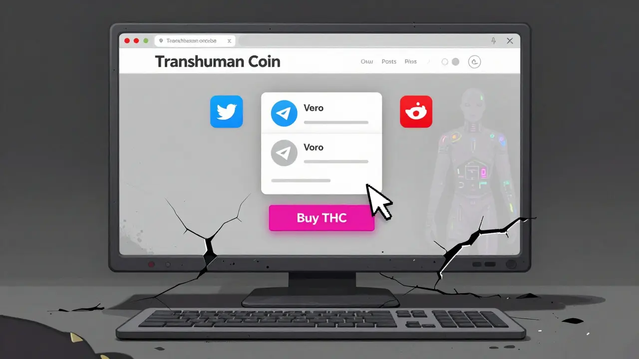 A forgotten website for Transhuman Coin shows empty social media icons and a fading human enhancement graphic.