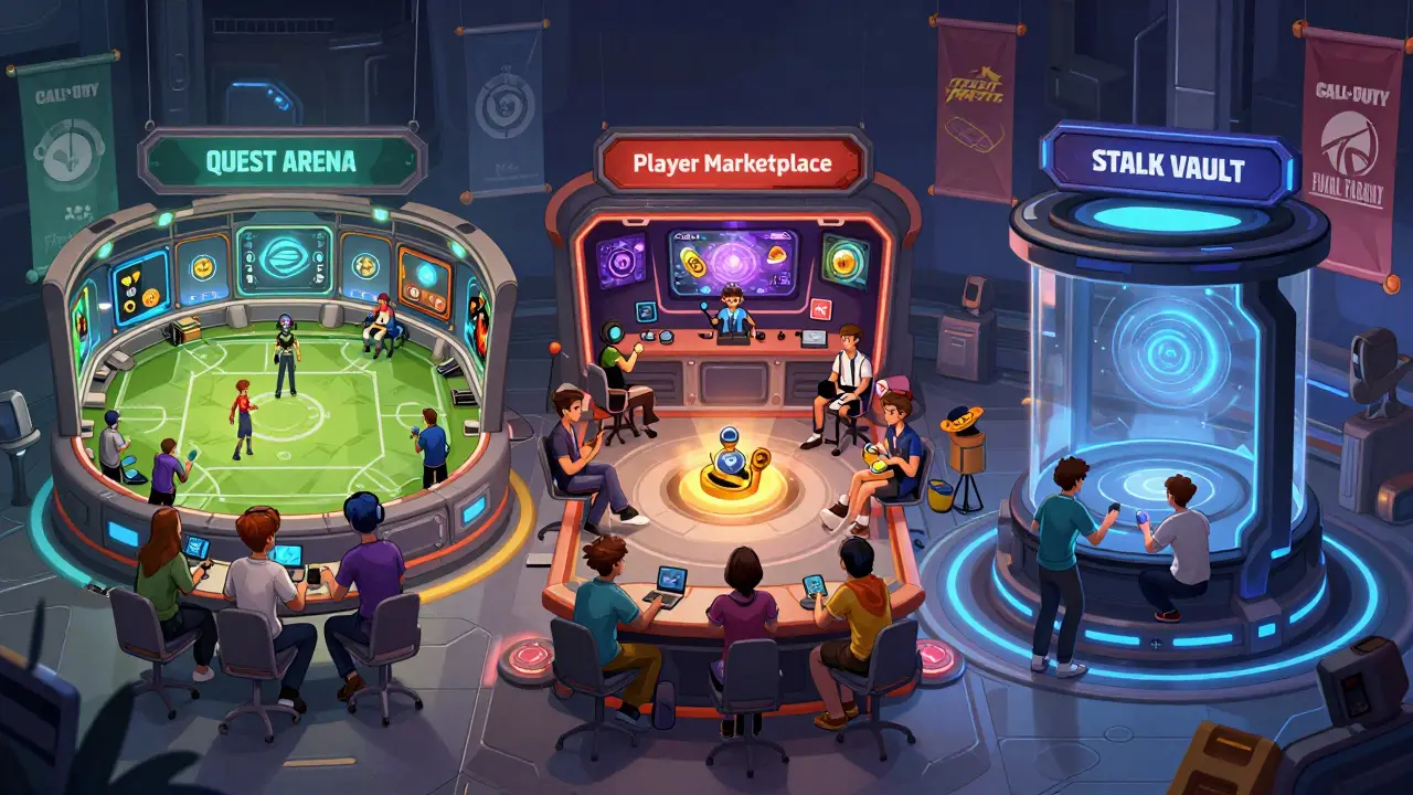 A game hub where players trade, mint gear, and unlock dungeons using SHILL tokens as the core currency.