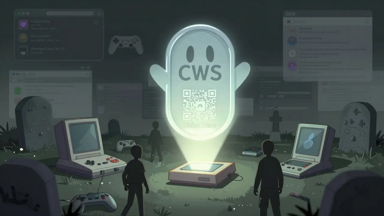 A ghostly CWS token floats above a graveyard of old gaming gear, ignored by shadowy figures walking away.