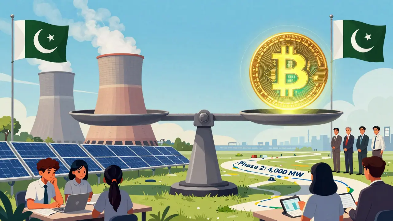 A giant scale balances coal power against digital Bitcoin wealth, with students learning blockchain and solar panels emerging in the background.