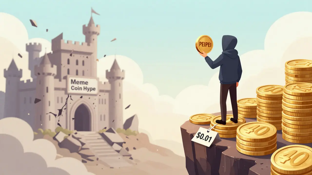A lone investor stands on a cliff of zeros, looking down at a <h2>Who Holds PeiPei? And Why?</h2>.01 price tag beneath a massive PEIPEI token.