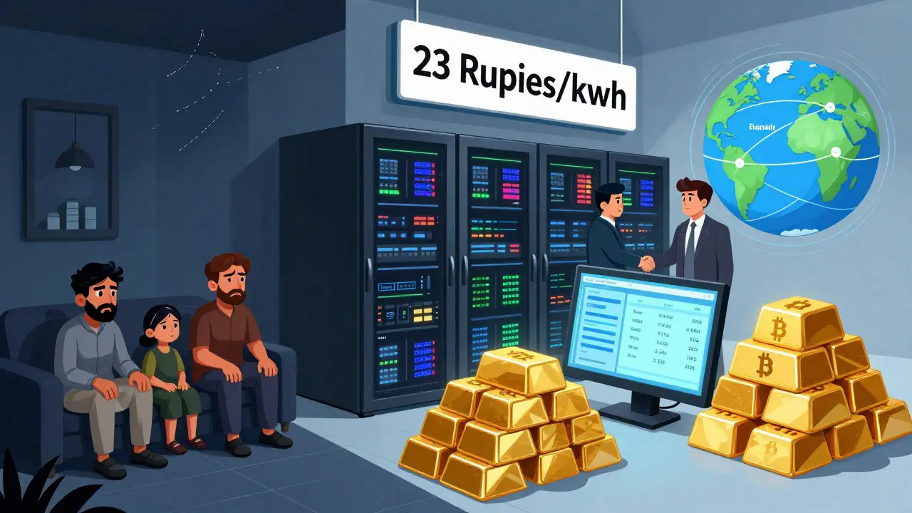 A Pakistani family in darkness contrasts with a bright data center where Bitcoin blocks stack and global connectivity lines radiate outward.