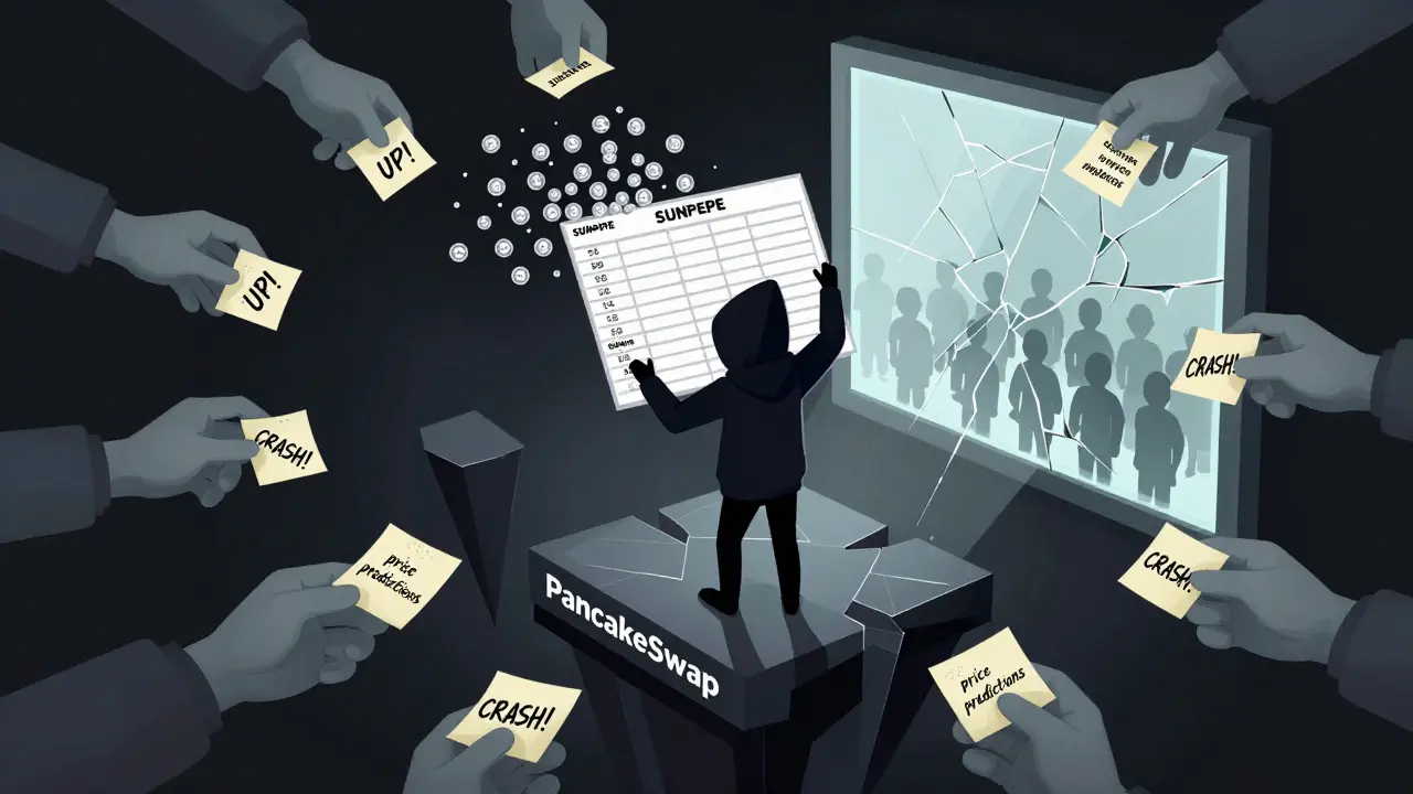 A person in a hoodie holds a giant spreadsheet of SUNPEPE tokens on a shaky DEX platform, surrounded by conflicting price prediction notes.