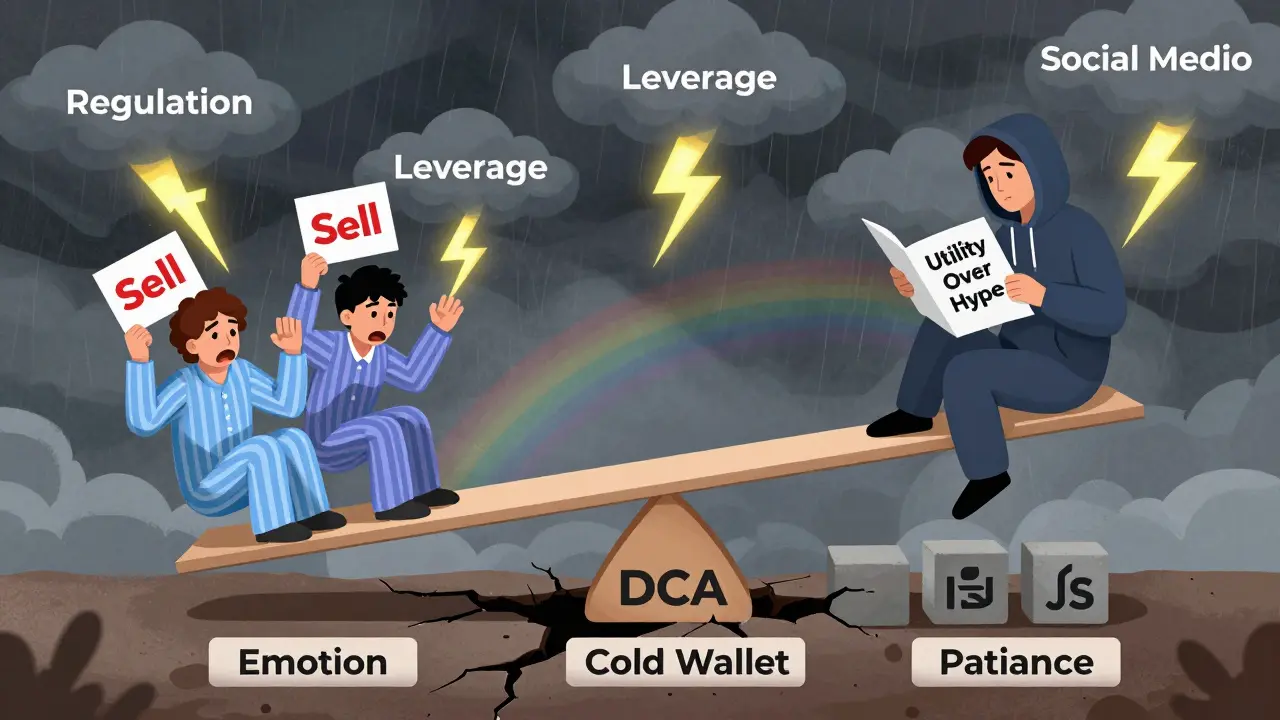 A seesaw in a stormy market balances terrified investors against a calm reader of a whitepaper.