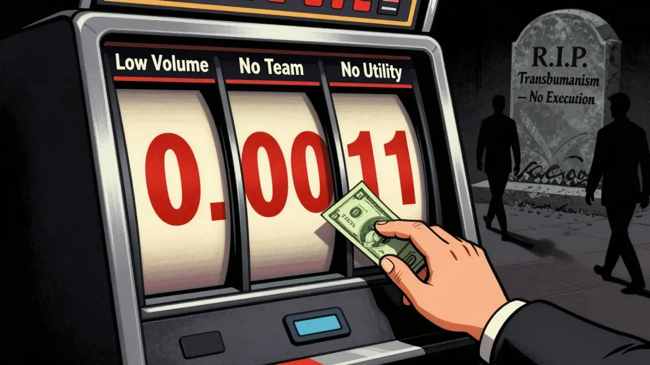 A slot machine spins with 'Low Volume,' 'No Team,' and 'No Utility' — a hand tries to gamble on a worthless token.