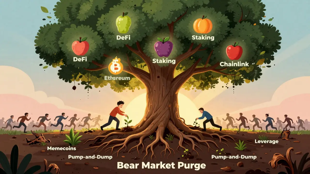 A strong tree grows from a bear market, bearing useful crypto fruits, while failed projects rot at its base.