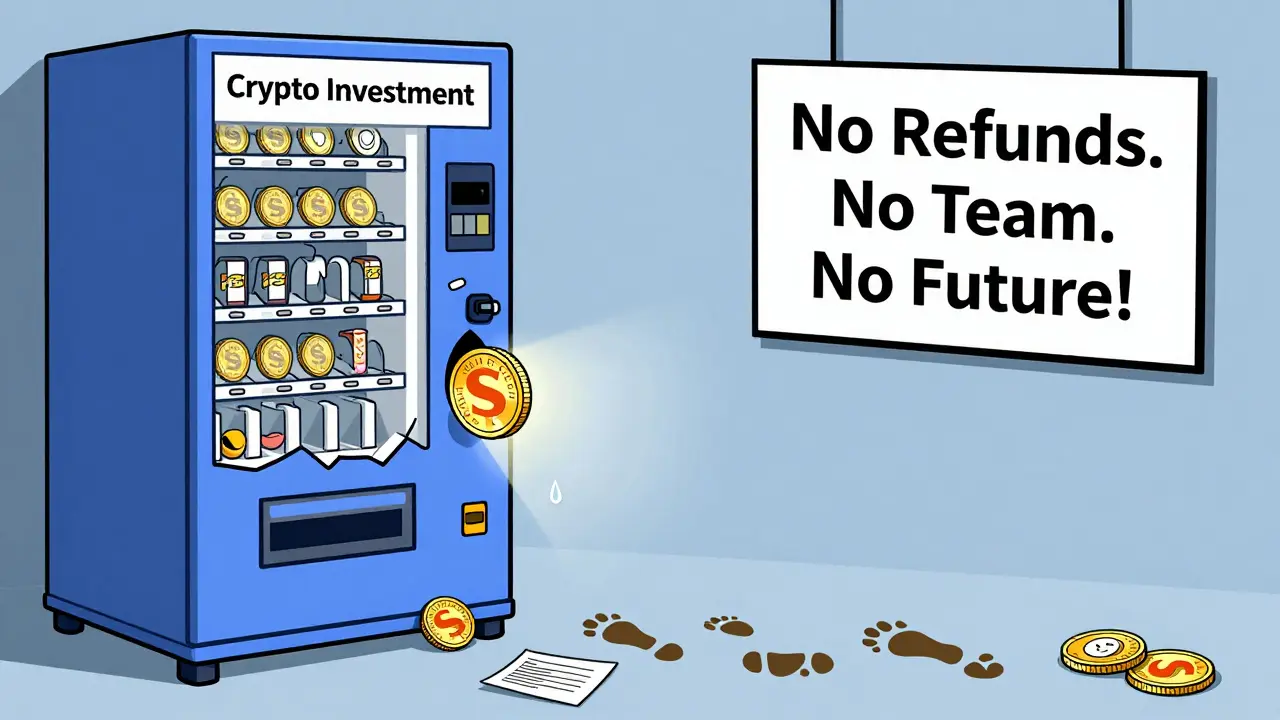 A SUNPEPE token is stuck in a broken crypto vending machine labeled 'No Refunds', while footprints lead away toward legitimate crypto projects.