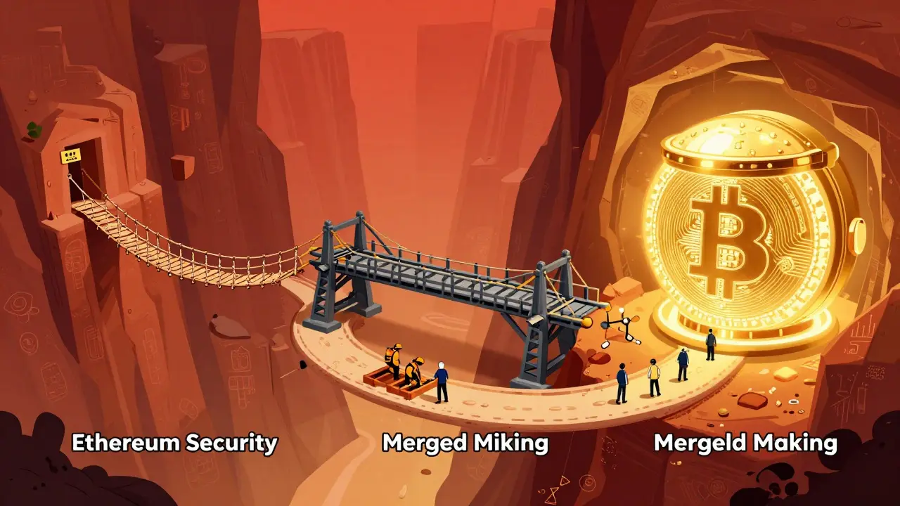 A three-phase roadmap path leads from Ethereum dependency to Bitcoin-verified security, with miners building the bridge.