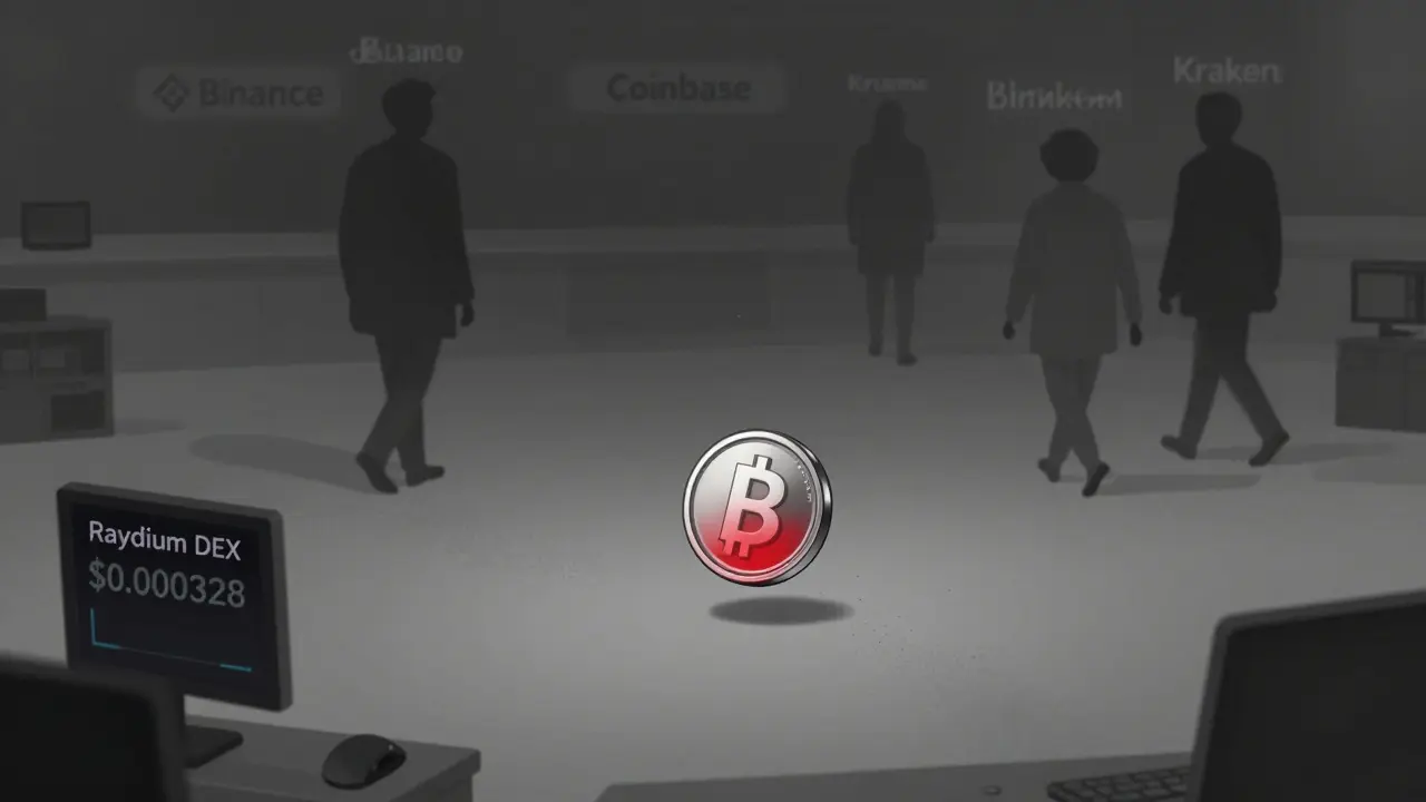 A tiny KPOP token floats alone on an empty trading floor as major exchanges walk away.