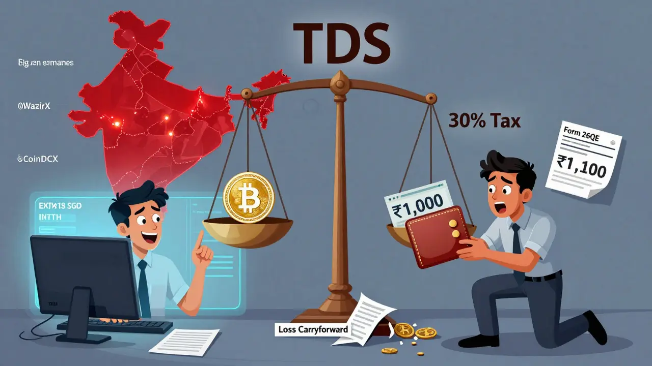 A trader loses 1% of their crypto trade to TDS while a scale tips heavily toward taxes, ignoring loss offset possibilities.