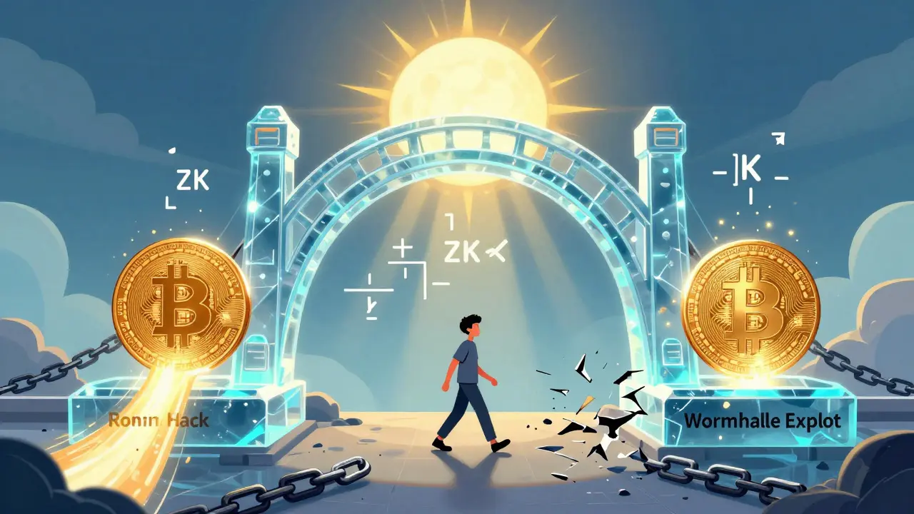 A transparent, secure trust-minimized bridge spans two blockchains with cryptographic proofs glowing above, while broken hacked bridges lie shattered below.