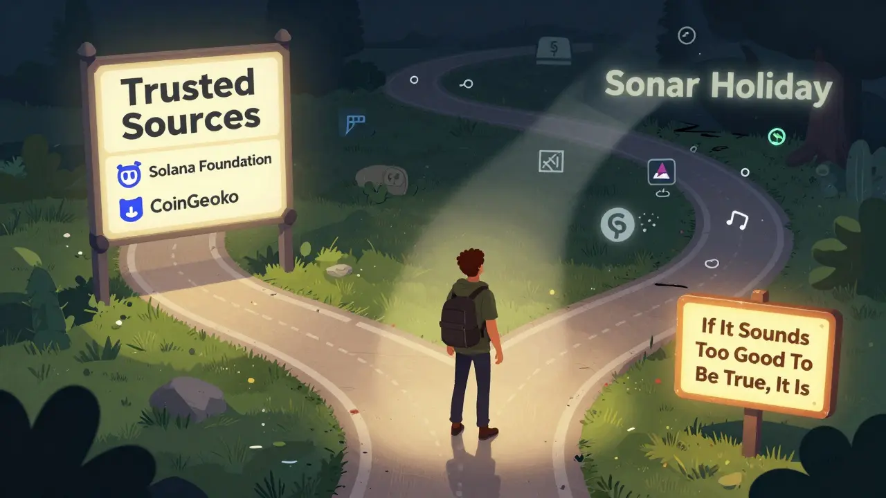 A traveler at a crossroads choosing between trusted crypto sources and a dark scam path, in editorial cartoon style.