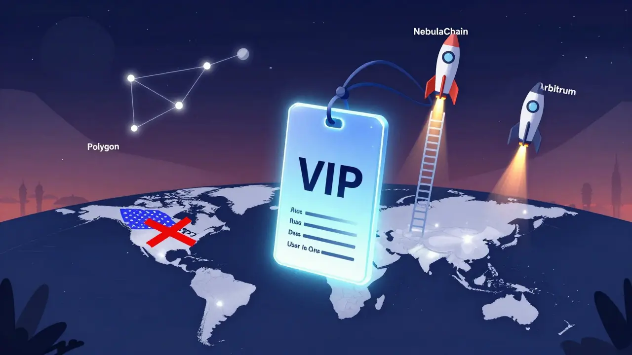 A VIP blockchain pass hovers over a world map with the U.S. blocked, while IDO rockets launch from staked $IF tokens.