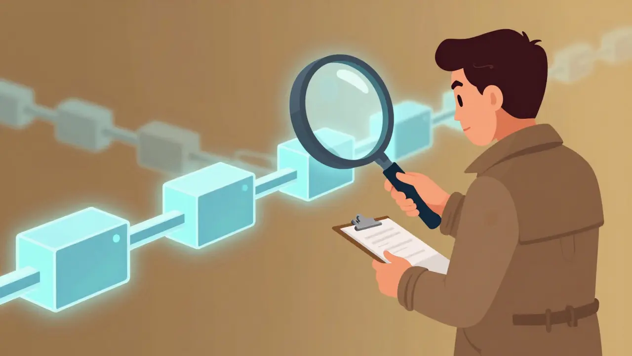 Analyst inspecting a glowing blockchain chain with magnifying glass.