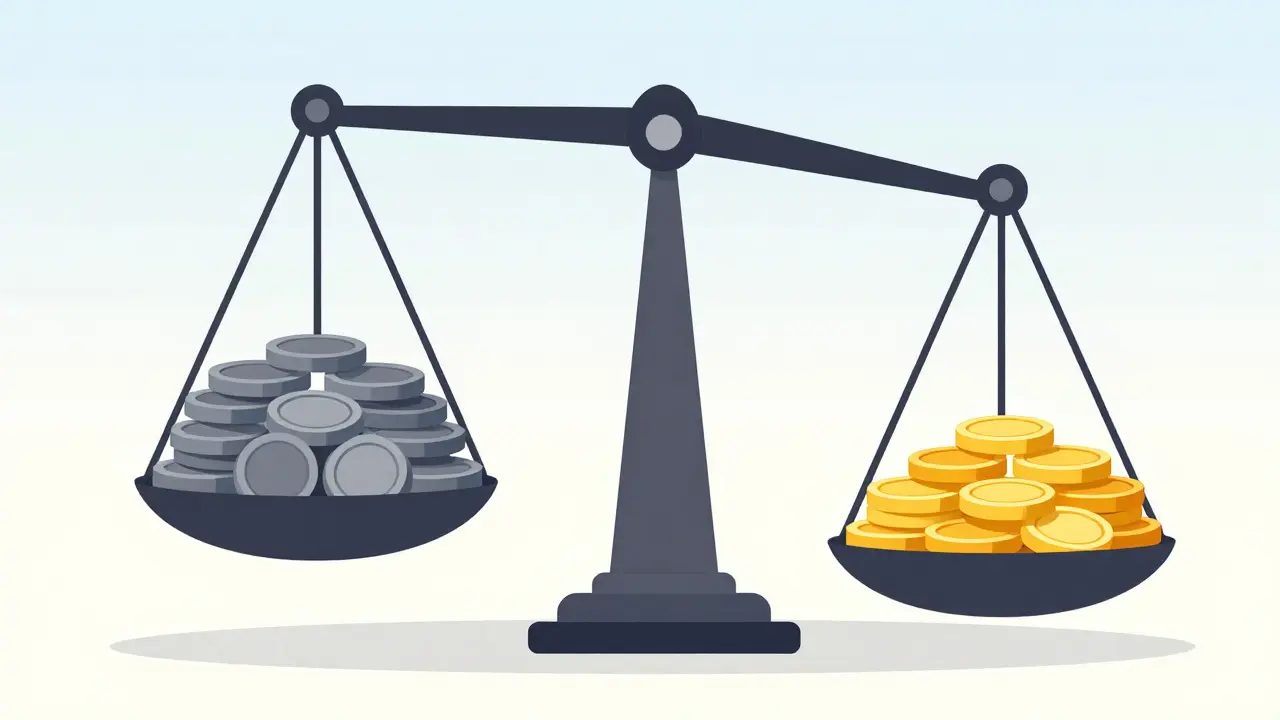 Balance scale showing fewer bright coins outweighing dull coins.