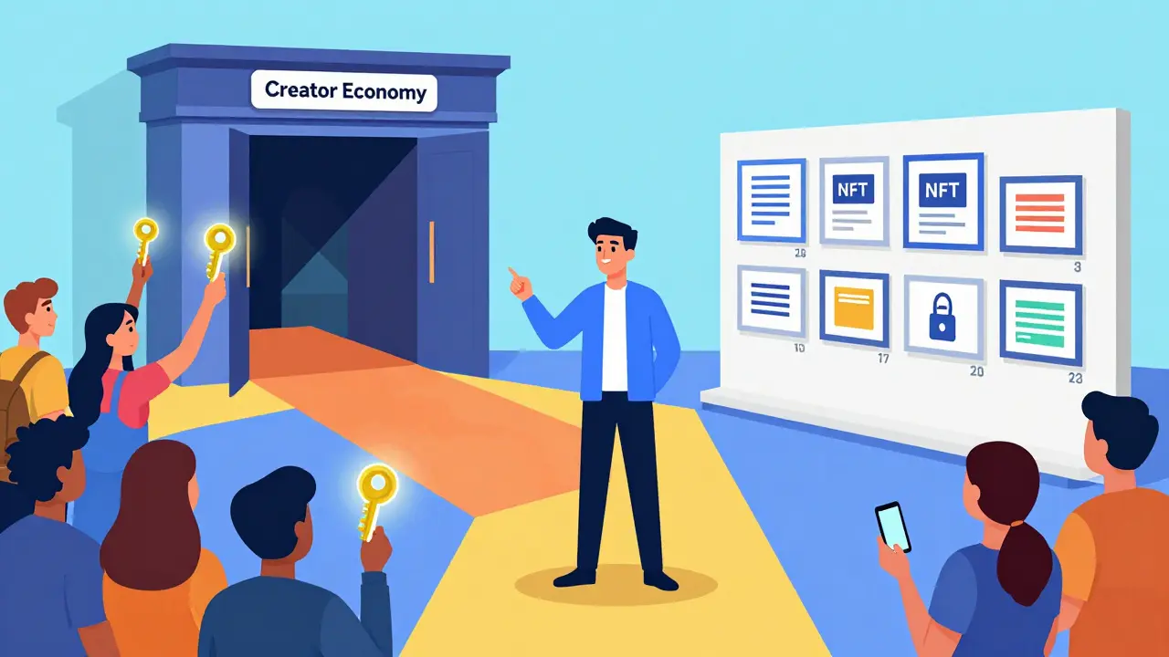 Cartoon graphic of creator offering community keys versus art collection frames.