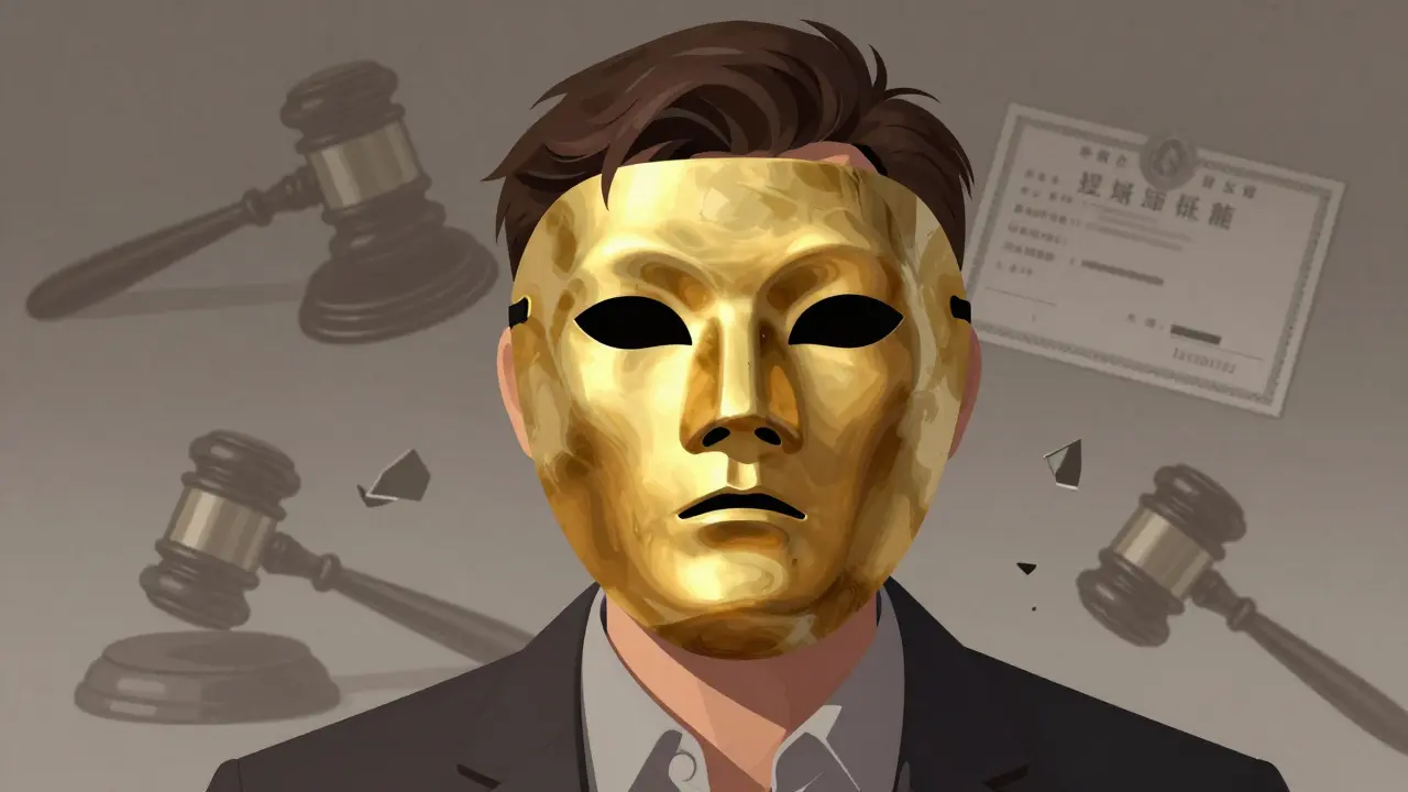 Character changes mask to hide past regulatory bans and fraud.
