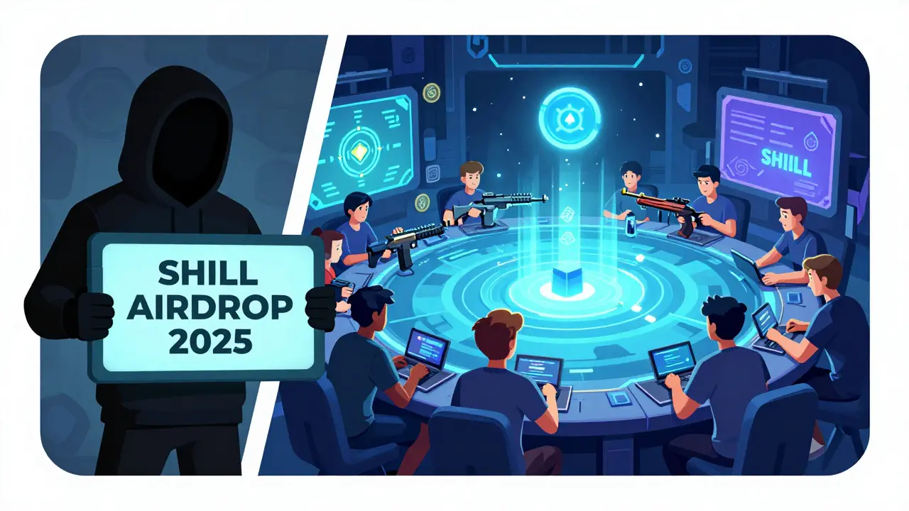 Contrast between a scammer offering fake SHILL airdrops and real players using SHILL tokens within a blockchain game ecosystem.