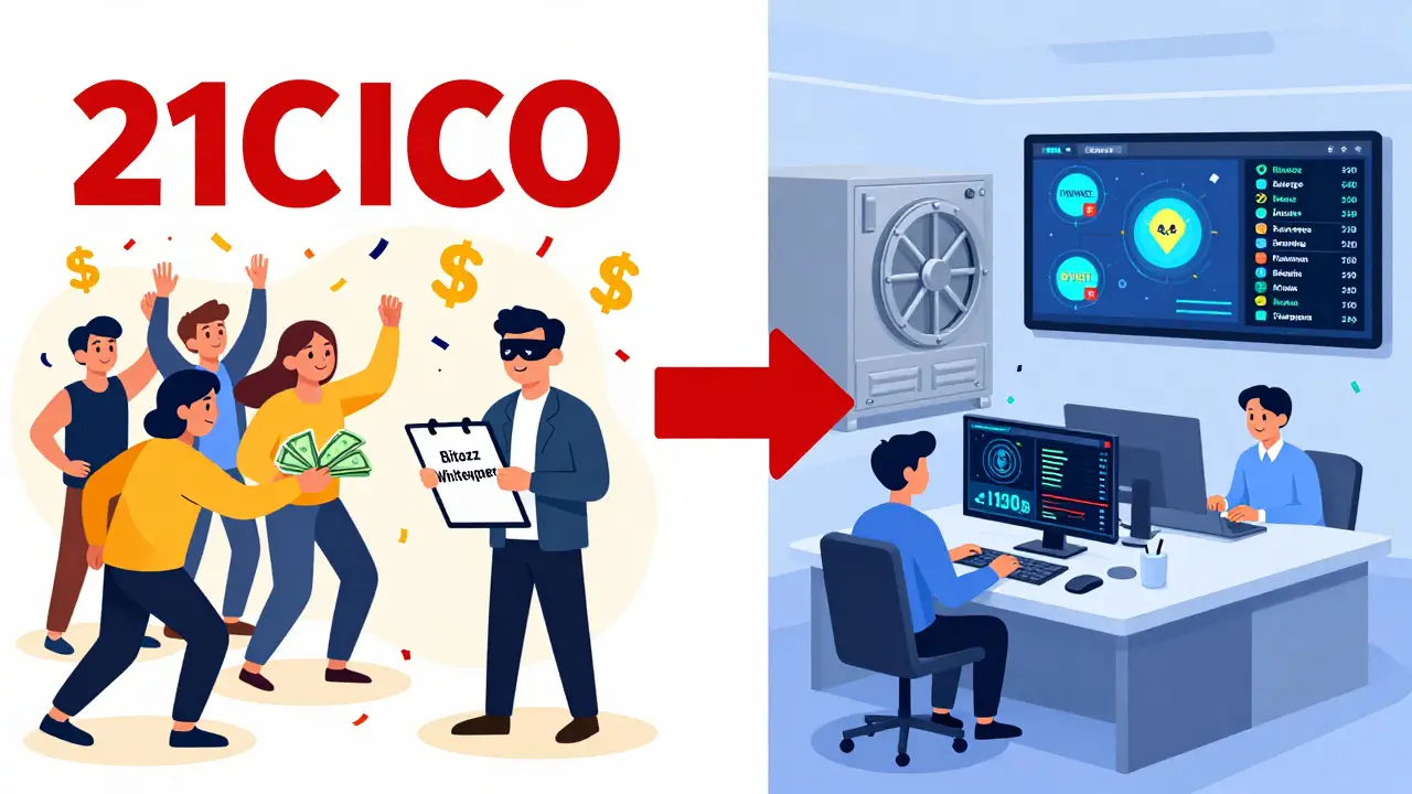 Contrast between chaotic 2018 ICO party and modern, regulated crypto exchanges with live trading.