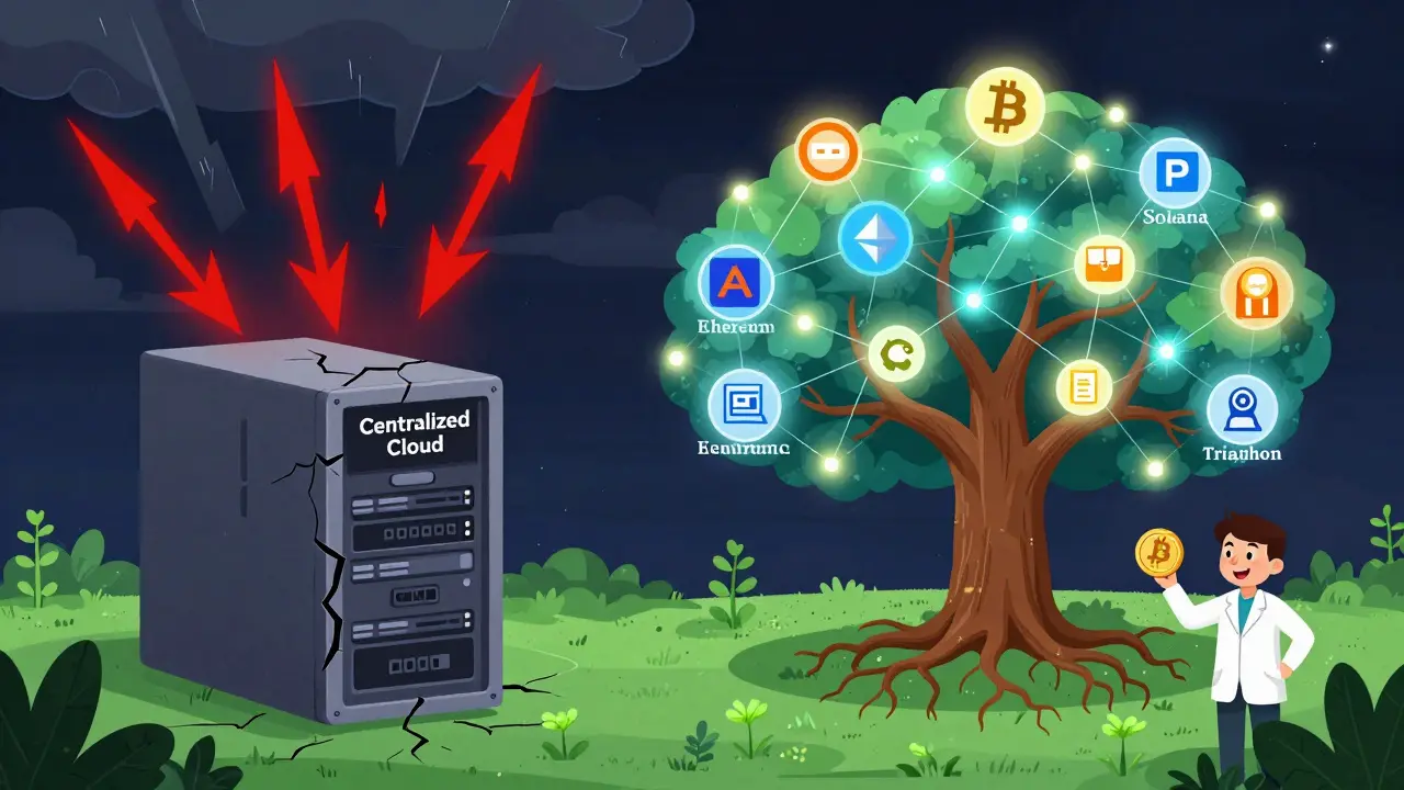 Contrasting centralized cloud failure with a thriving decentralized Trias network, supporting apps, IoT, and auditors in a tree-like structure.