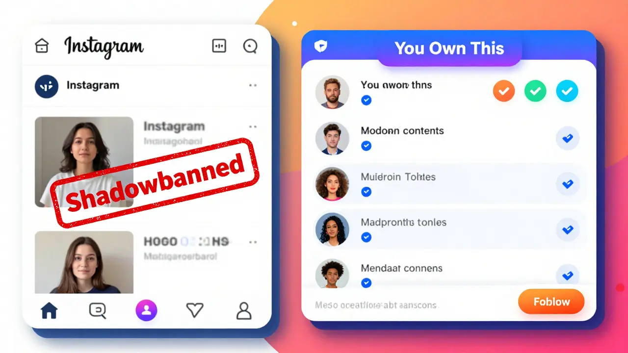 Contrasting Instagram's shadowbanned post with a community-governed Mastodon-style interface where users vote on content rules.