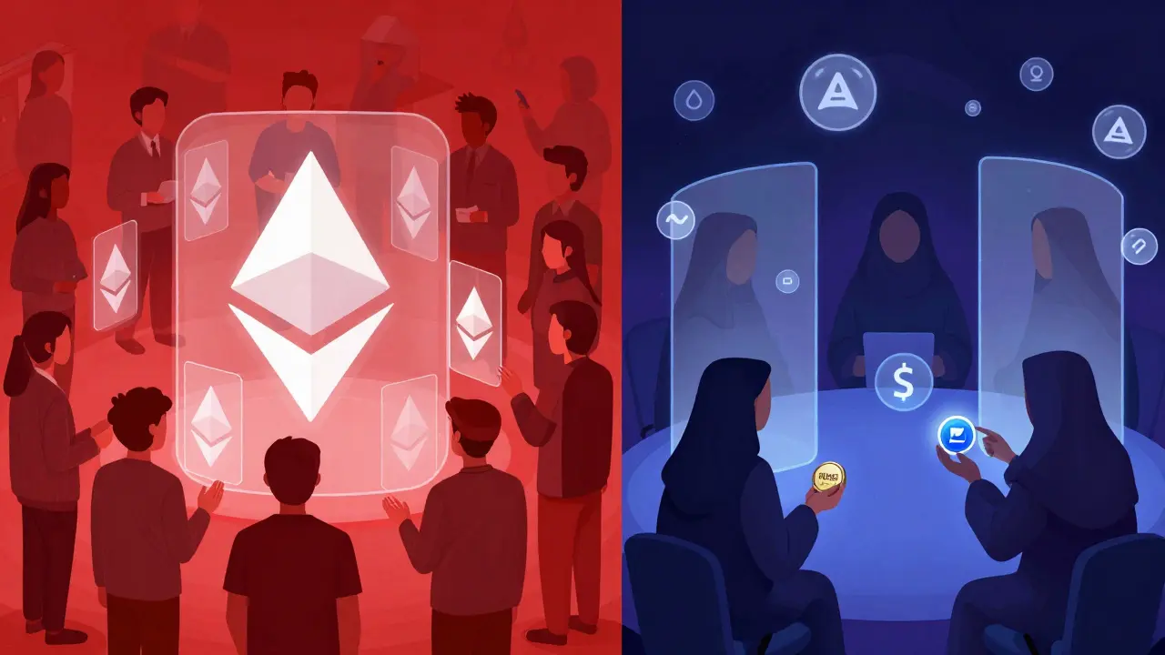 Contrasting scene: transparent public blockchain on left vs. private, shielded Oasis Network trades on right with encrypted data flow.