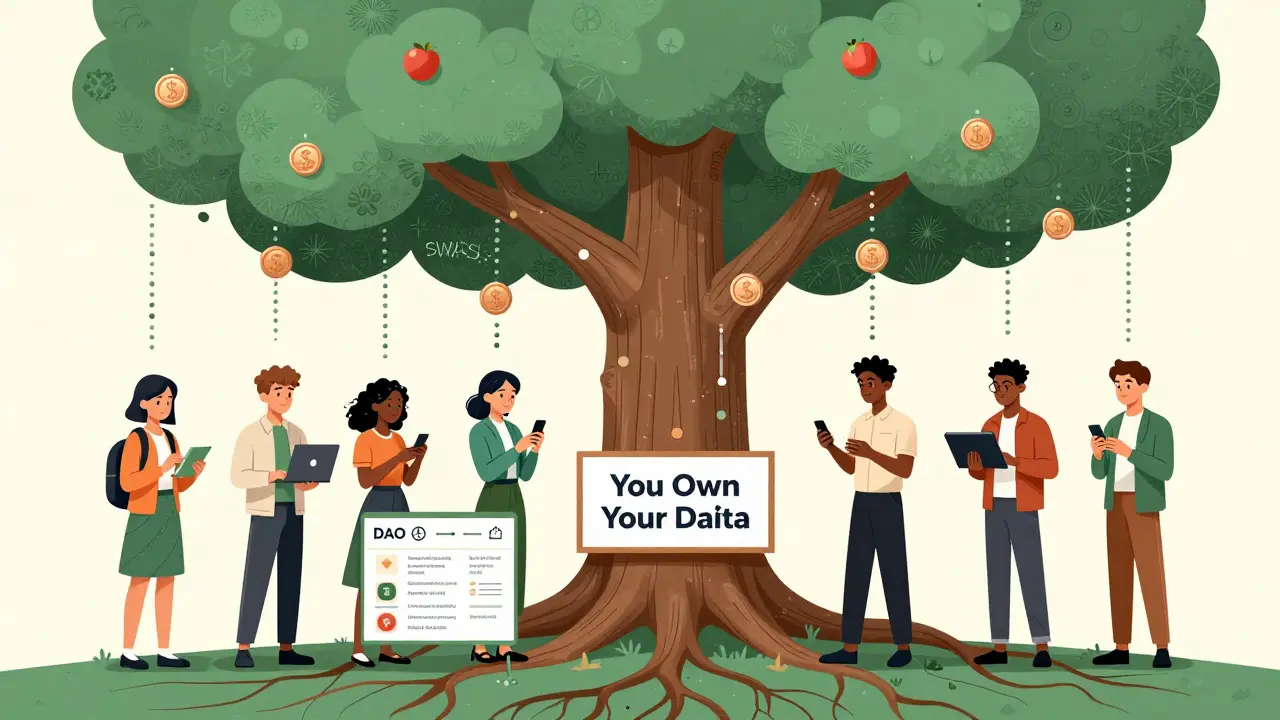 Diverse group of users with devices, data streams feeding a tree of SWASH tokens, DAO voting board at the base.