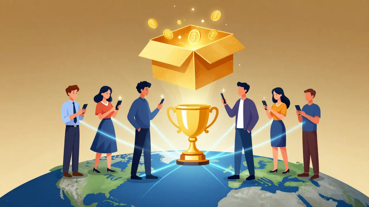 Diverse users connected by light beams to a digital trophy cup and mystery box.