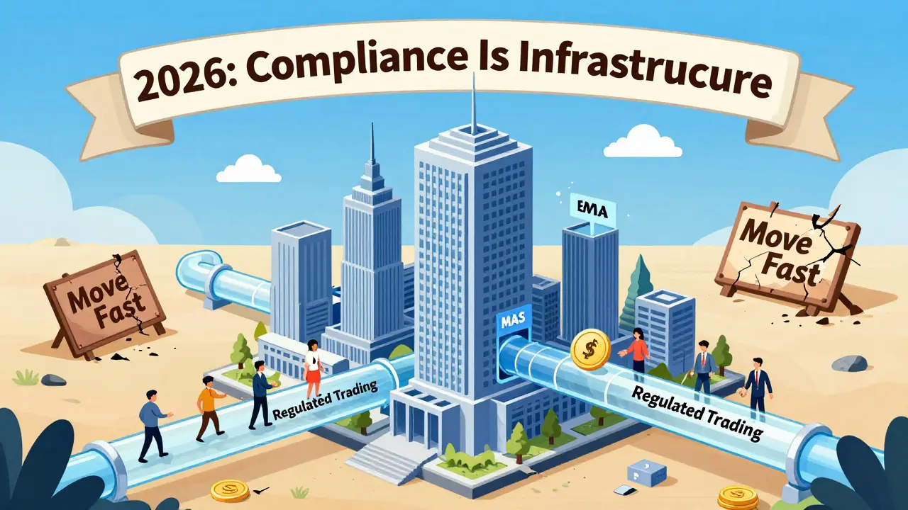DTC building with global regulatory towers connected by a pipeline labeled 'Regulated Trading' in 2026.