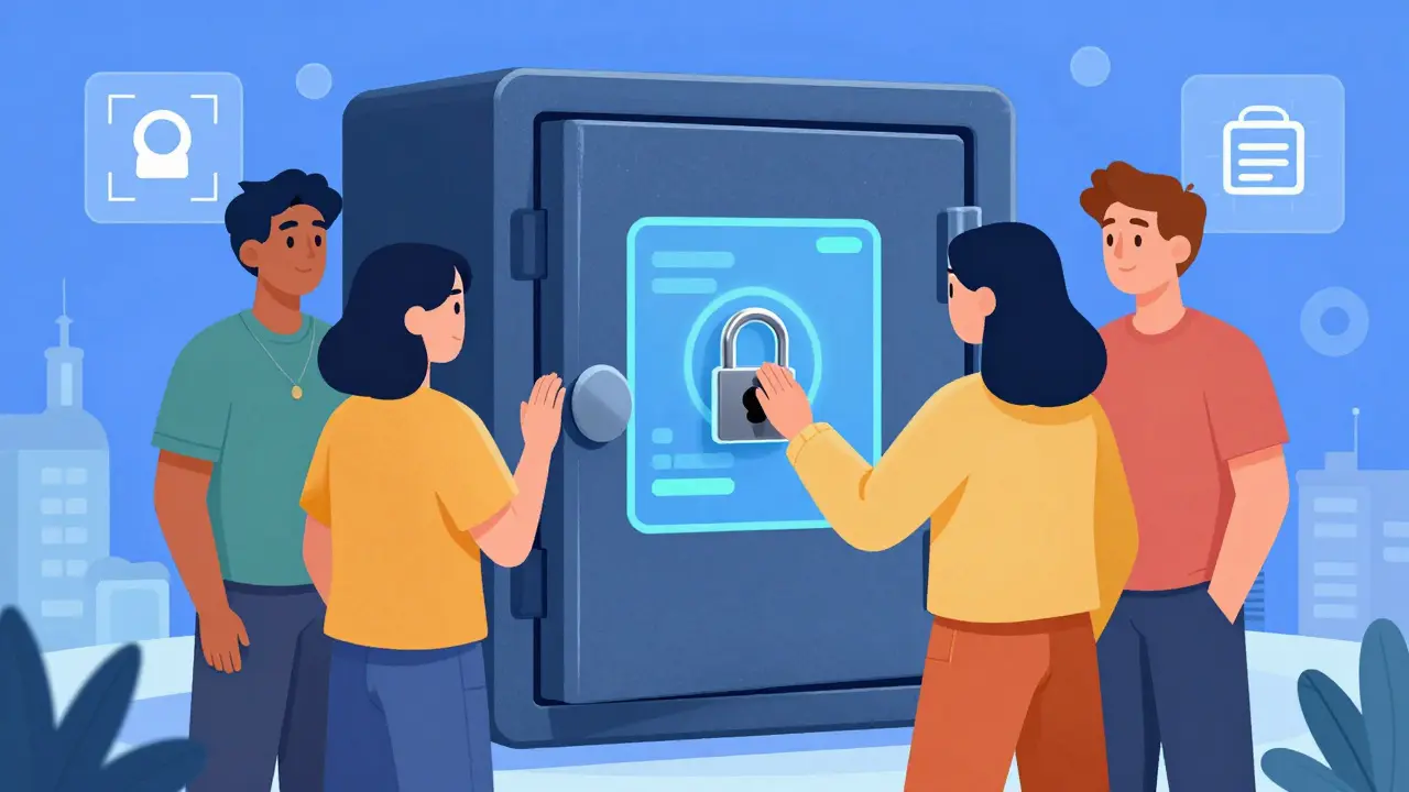 Friends unlocking digital safe using social recovery guardians
