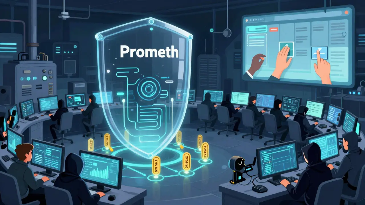 Industrial workers monitor Trias-powered systems protected by a Prometh shield, while TRIAS tokens rise from nodes and a DAO voting interface hovers above.