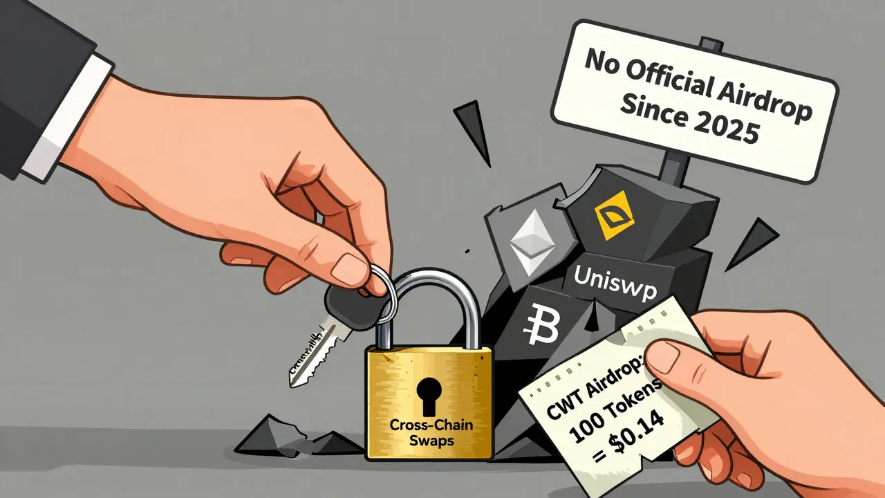 One hand placing the CrossWallet app key into a lock, while another holds a low-value CWT airdrop receipt, with crumbling crypto logos in the background.