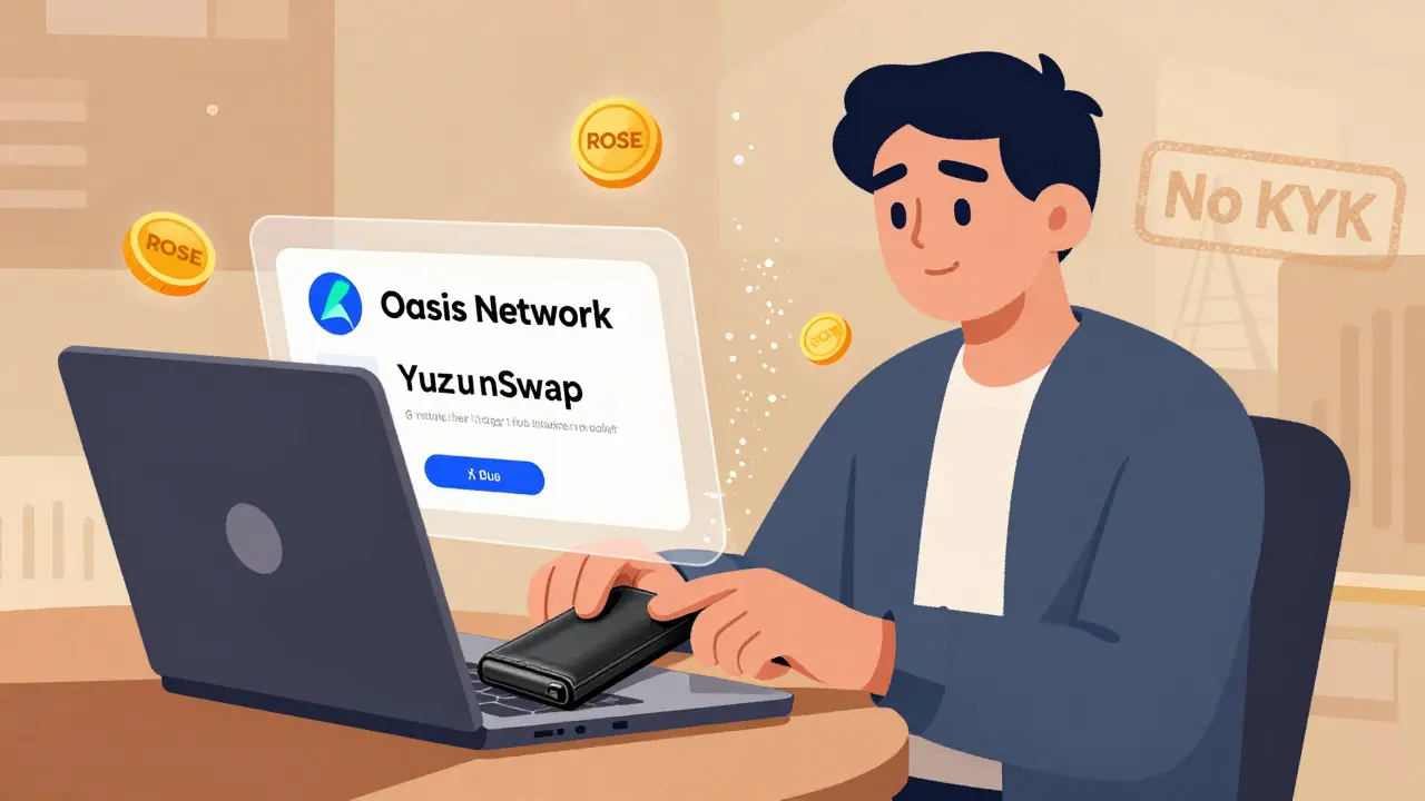 Person connecting a Ledger wallet to a laptop with Oasis Network and YuzuSwap interfaces floating nearby, surrounded by private ROSE tokens.