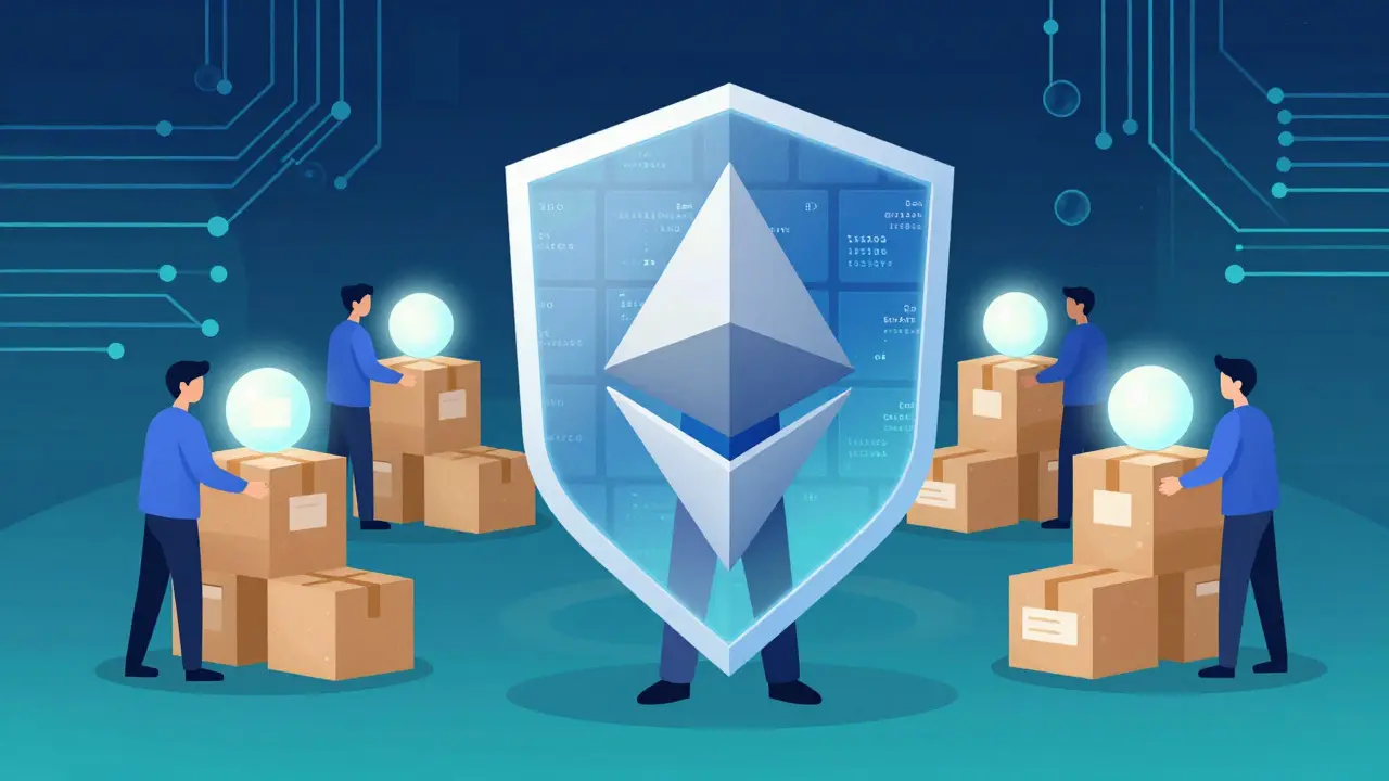 Protected figure inside smart contract shield with helper nodes