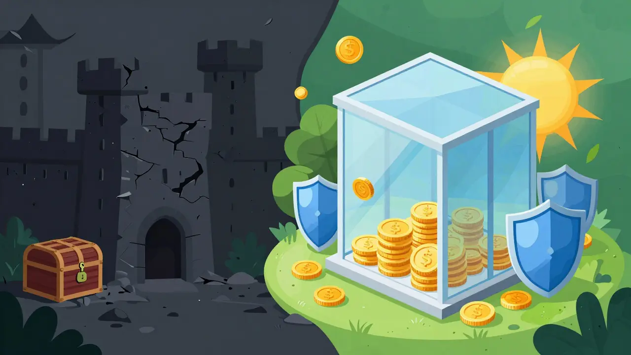 Secure glass building protects coins while dark tower crumbles.