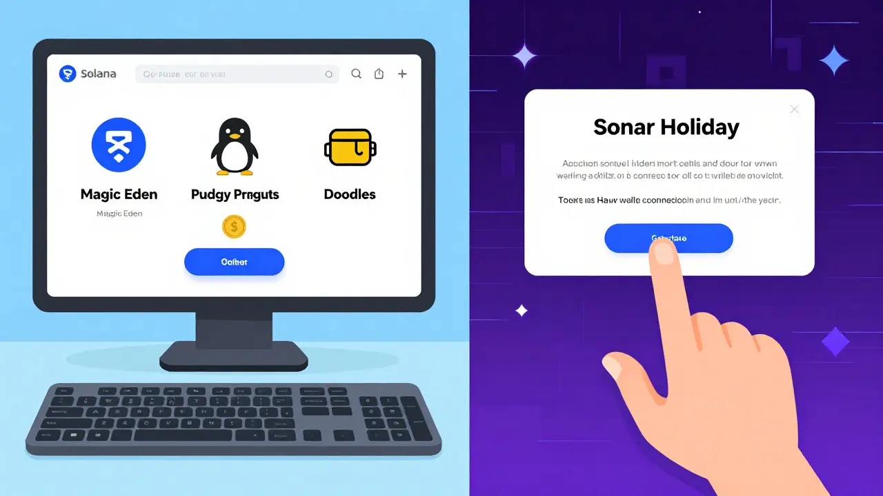 Side-by-side scene: legitimate airdrop on left, fake Sonar Holiday scam on right, in editorial cartoon style.