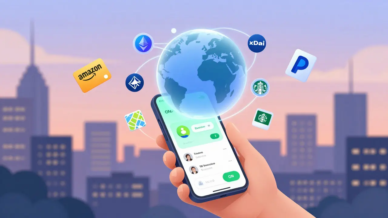 Smartphone with Swash app running, data particles floating around, gift cards and blockchains glowing nearby.