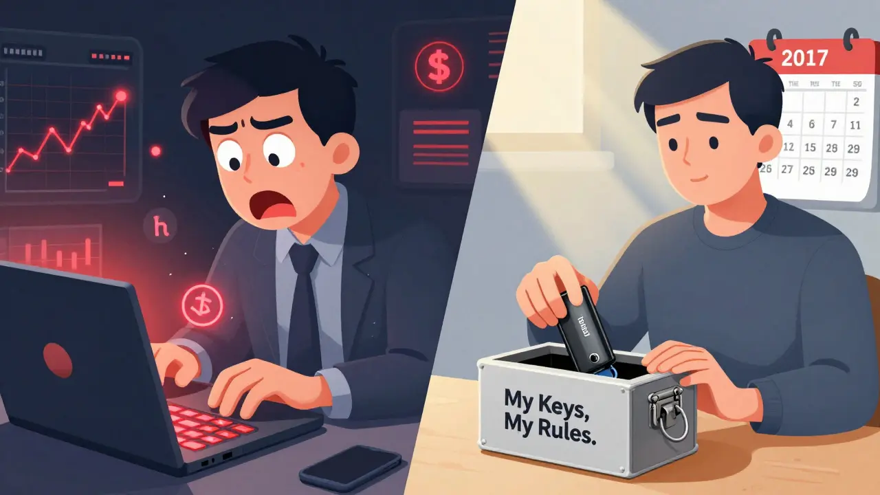 Split scene: chaotic trader vs. calm person securing a hardware wallet with time passing.
