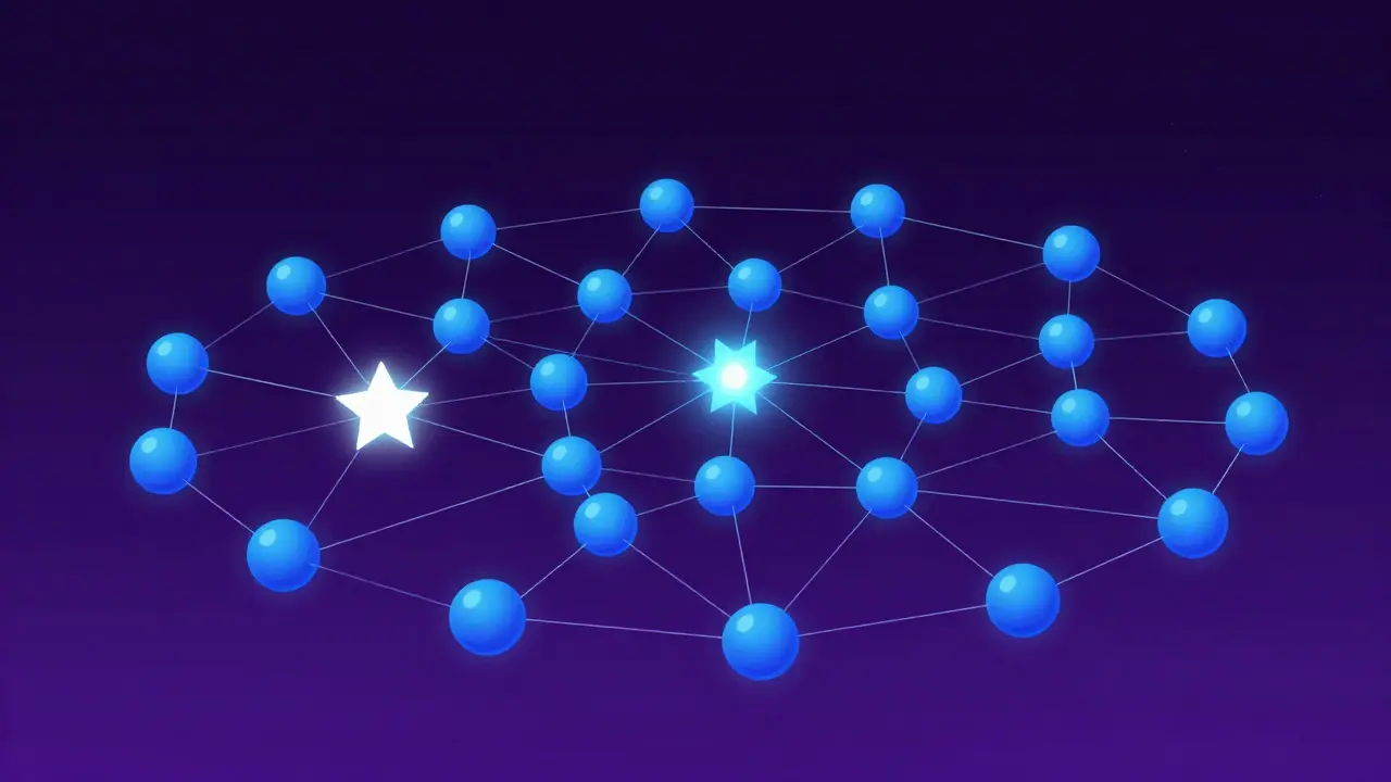 Stylized tech network with uniform nodes and rare glowing star shapes.