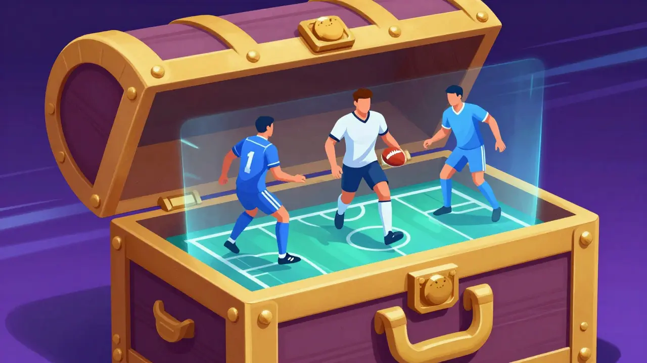 Stylized treasure chest releasing holographic football players and game tokens.