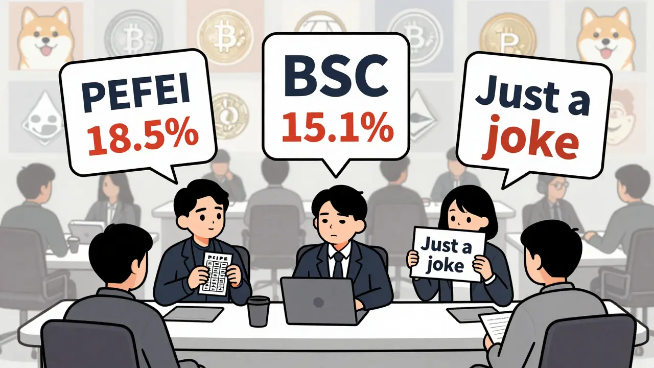 Three traders interact with PEIPEI on a deserted crypto floor, while conflicting price tags float above BSC and Ethereum networks.