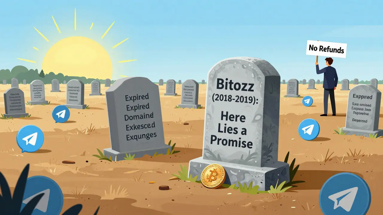 Tombstone for Bitozz in a field of expired domains, with thriving exchanges visible in the distance.