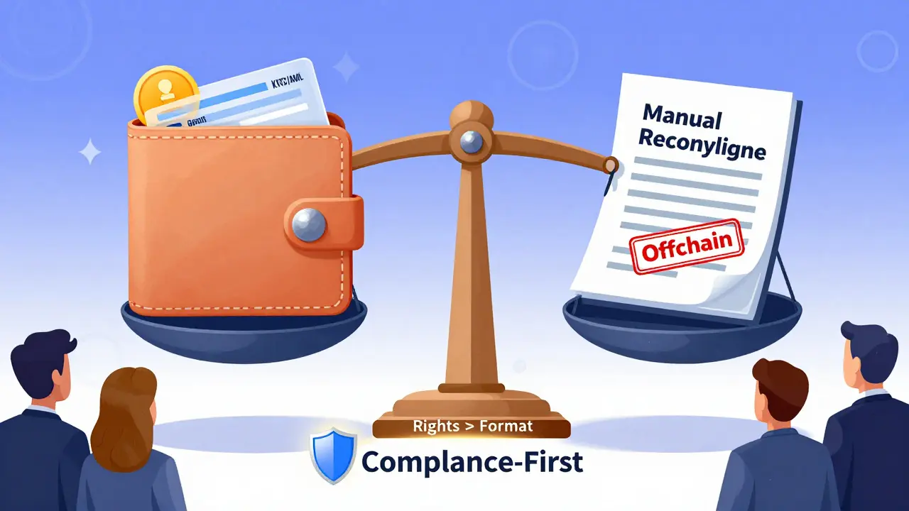 Two wallet types — onchain with smart contract gates and offchain with paper ledger — balanced by the phrase 'Rights > Format'.