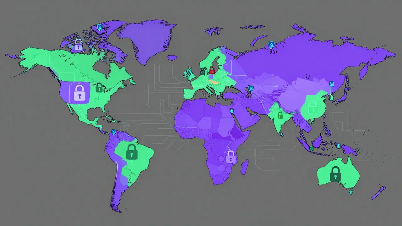 World map showing global crypto regulations and AI monitoring networks