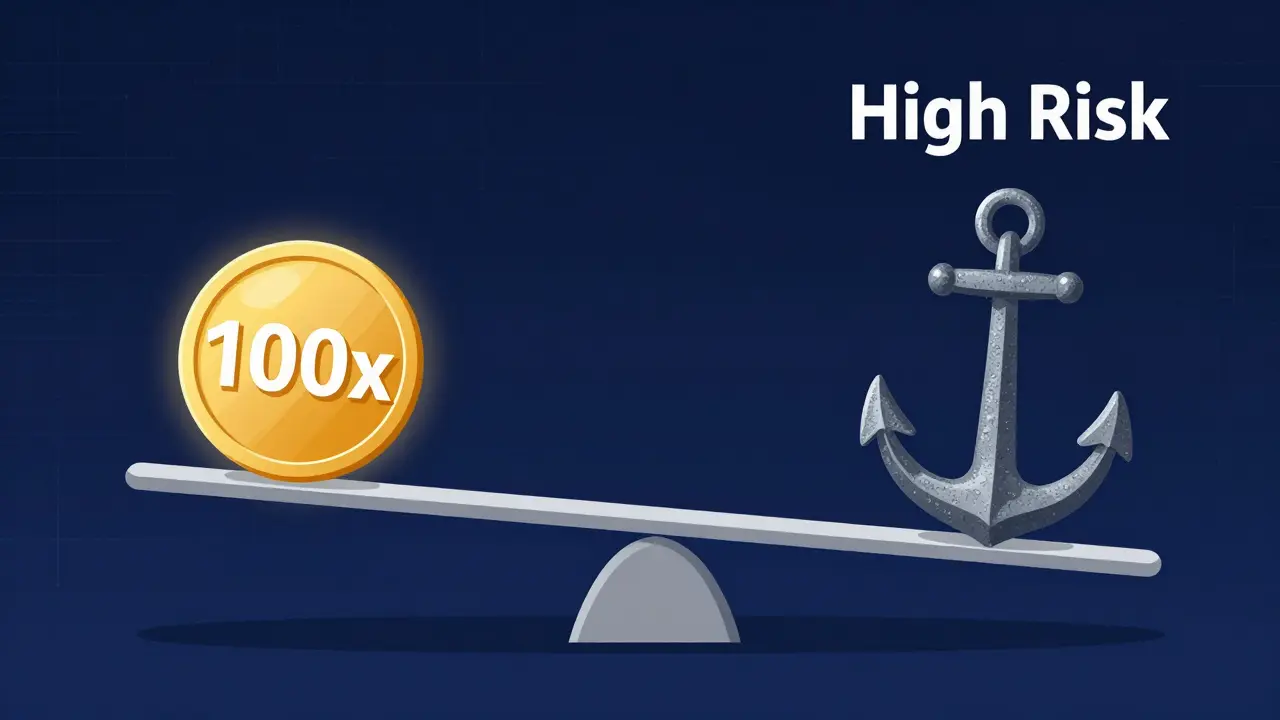 A balance scale weighing a 100x leverage coin against a heavy risk anchor.